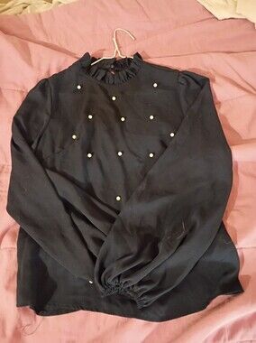 Ruffled Navy Blouse with Pearl Details